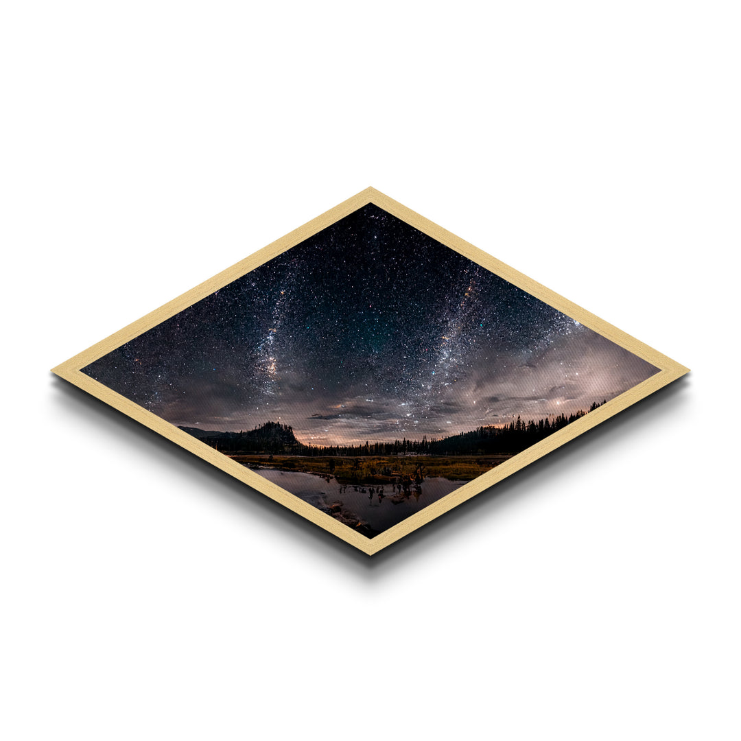 Starlit Landscape Glow Diamond Shaped Canvas Textured Print, dreamscape night sky meadow art, celestial fantasy field scene