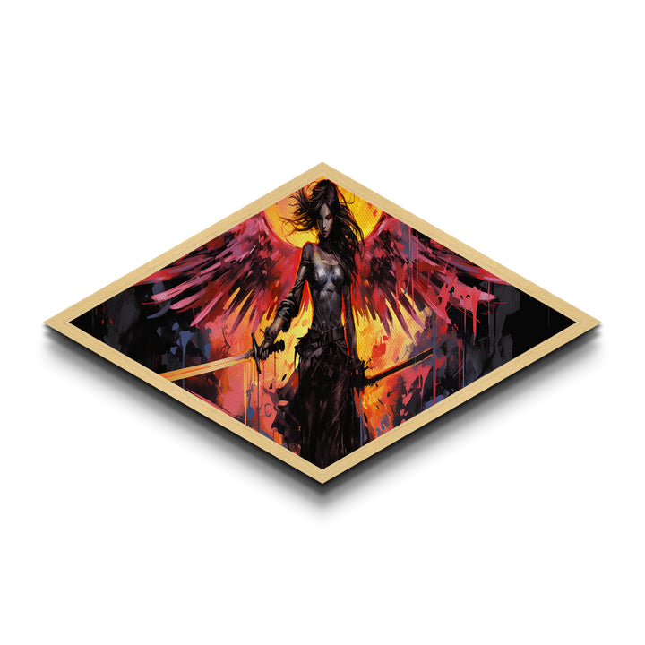 Blade Wing Warrior Diamond Shaped Angel Canvas Art Print fiery red wings sword epic fantasy female warrior modern home wall decor
