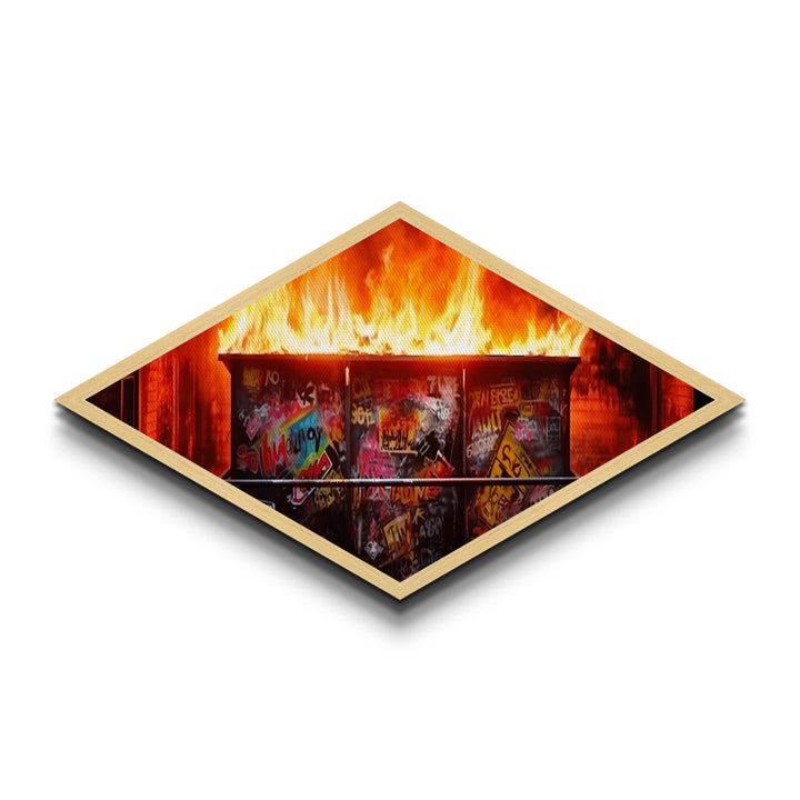 Dumpster Fire Chaos Diamond Shaped Graffiti Canvas Embossed Print burning urban street art protest pop culture modern edgy wall art