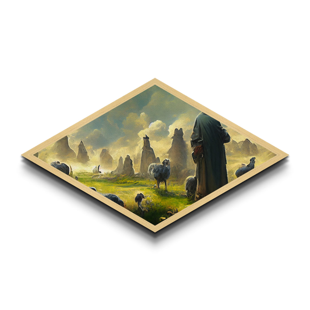 Shepherd’s Morning Peace Diamond Shaped Canvas Embossed Print, pastoral fantasy flock landscape, mystical sunrise with sheep art