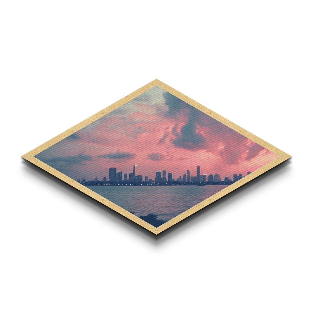City Sunset Skyline Diamond Shaped modern urban wall decor Canvas Textured Print pink sky art piece ideal living room apartment design