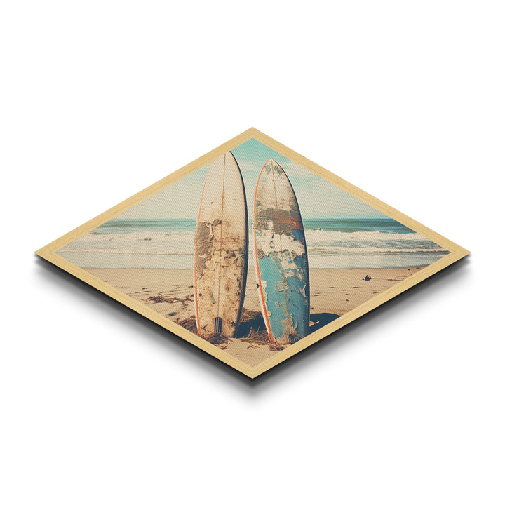Vintage Surf Duo Diamond Shaped coastal surfboard wall art Canvas Embossed Print beach house rustic vibe nostalgic surfing aesthetic