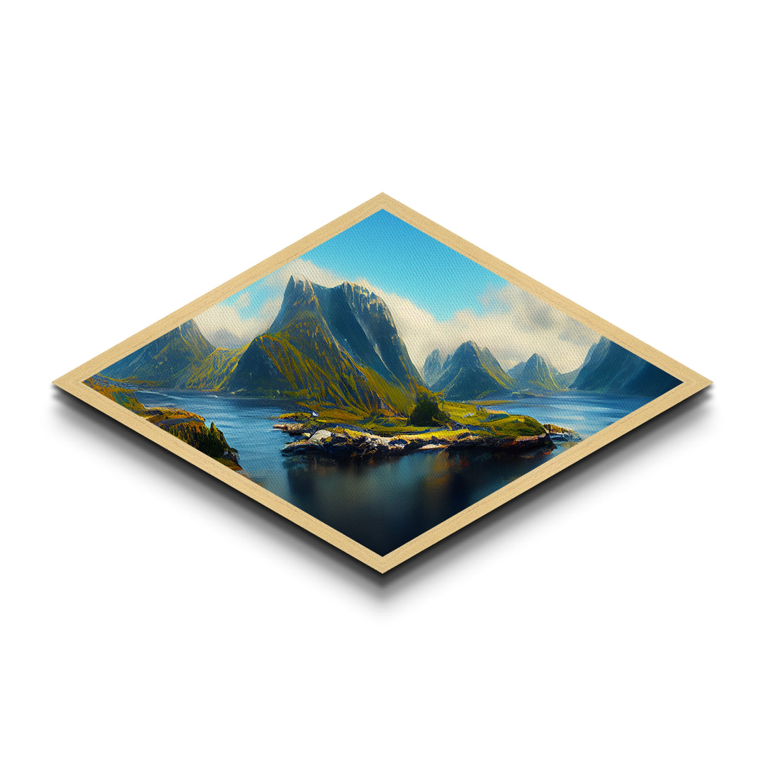 Nordic Fjord Serenity Diamond Shaped Canvas Textured Print, Scandinavian mountain lake art, dramatic nature wilderness wall decor