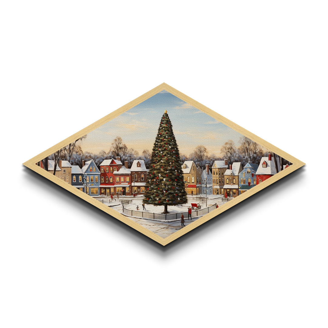Festive Town Square Diamond Shaped Canvas Embossed Print Christmas tree snowy village nostalgia seasonal living room holiday wall