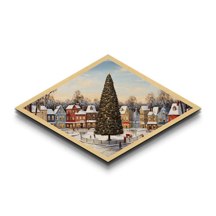 Festive Town Square Diamond Shaped Canvas Embossed Print Christmas tree snowy village nostalgia seasonal living room holiday wall