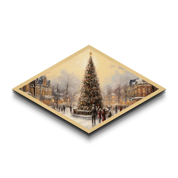 Winter Tree Gathering Diamond Shaped Canvas Art Print snowy downtown scene nostalgic holiday decor perfect wall accent Christmas