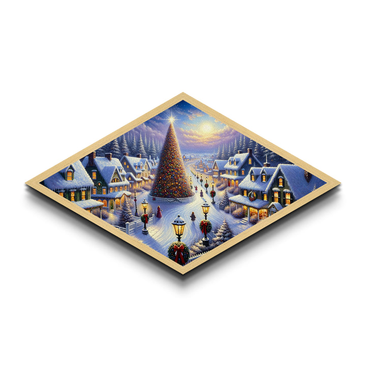 Magic Tree Lane Diamond Shaped Canvas Art Print snowy Christmas town glowing lights holiday gift home wall decor winter wonderland
