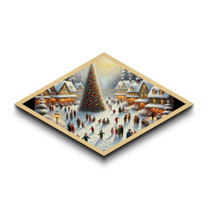 Village Tree Fest Diamond Shaped Canvas Embossed Print charming Christmas town nostalgic seasonal decor snowy wall art living room
