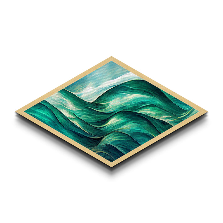 Ocean Flow Rhythm Diamond Shaped Canvas Art Print, Abstract Sea Waves Wall Decor, Modern Coastal Blue Green Nautical Room Accent