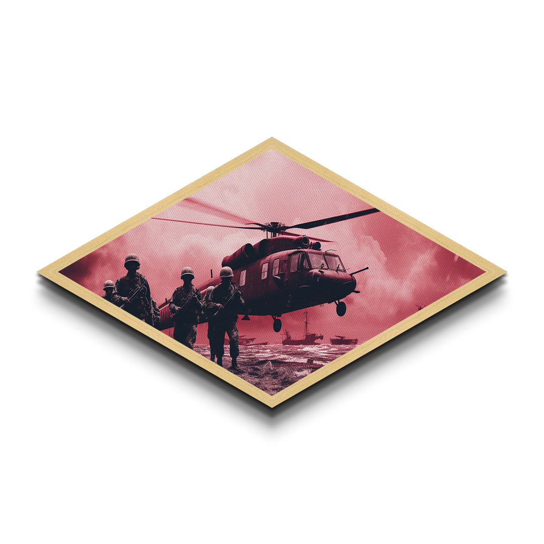 Tactical Insertion Helicopter — Diamond Shaped Canvas Art Print for military home office, aviation gift, soldier room wall decor