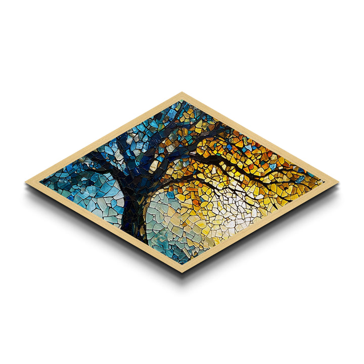 Tree of Radiance — Diamond Shaped Canvas Embossed Print mosaic nature decor, stained glass style, spiritual healing tree wall piece