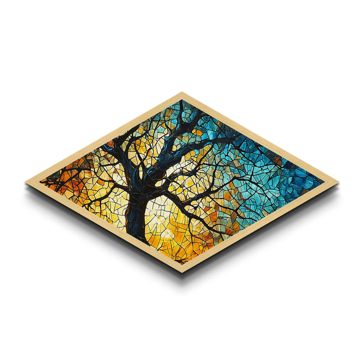 Branching Light Mosaic — Diamond Shaped Canvas Embossed Print glowing stained glass tree artwork, spiritual living room boho decor