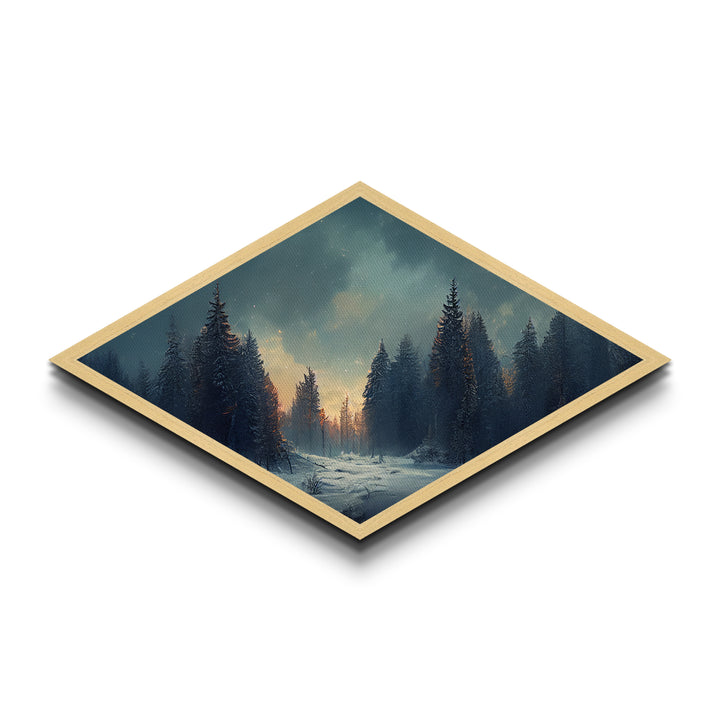 Snowy Forest Twilight Diamond Shaped Canvas Textured Print, Winter Pines Sunset Wall Art, Cozy Rustic Cabin Nature Scene Accent