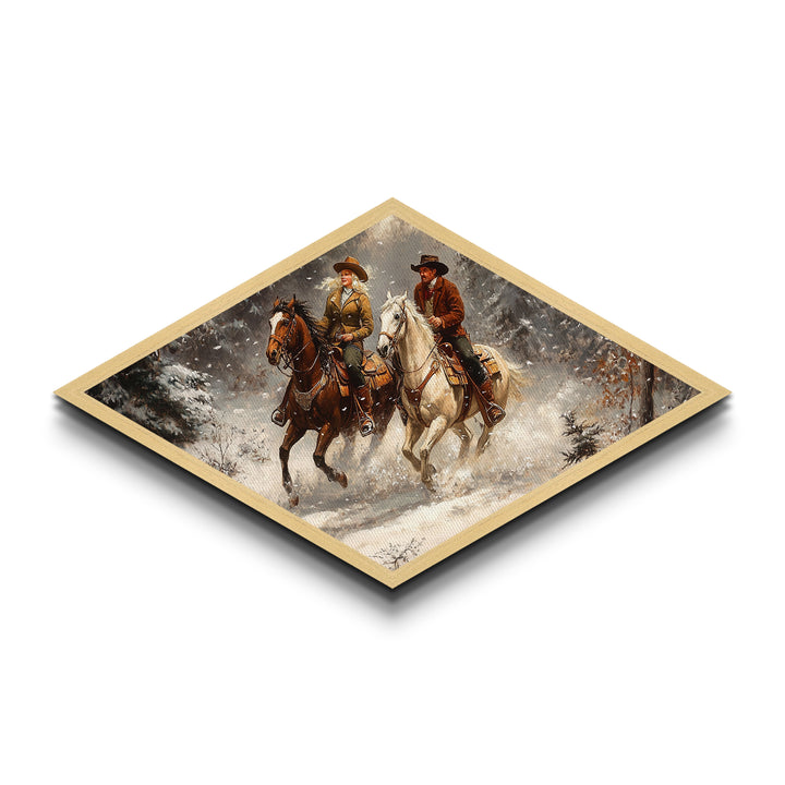 Snowy Ride Together Diamond Shaped Canvas Textured Print rustic winter cowboy wall art lodge decor western cabin Christmas gift