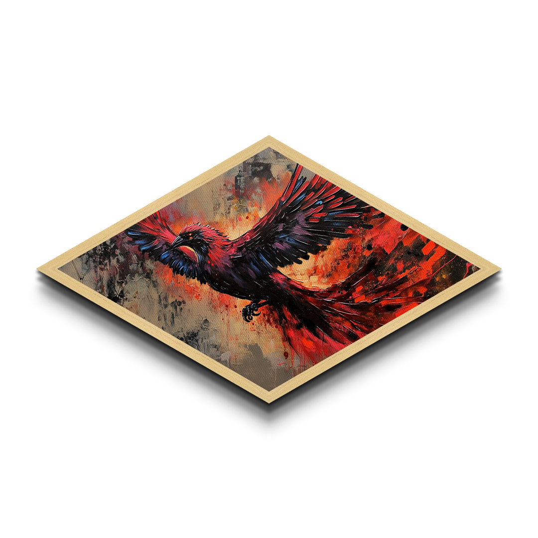 Fiery Phoenix Flight Diamond Shaped Canvas Textured Print red black bird in motion dynamic modern expressionism bold home wall statement