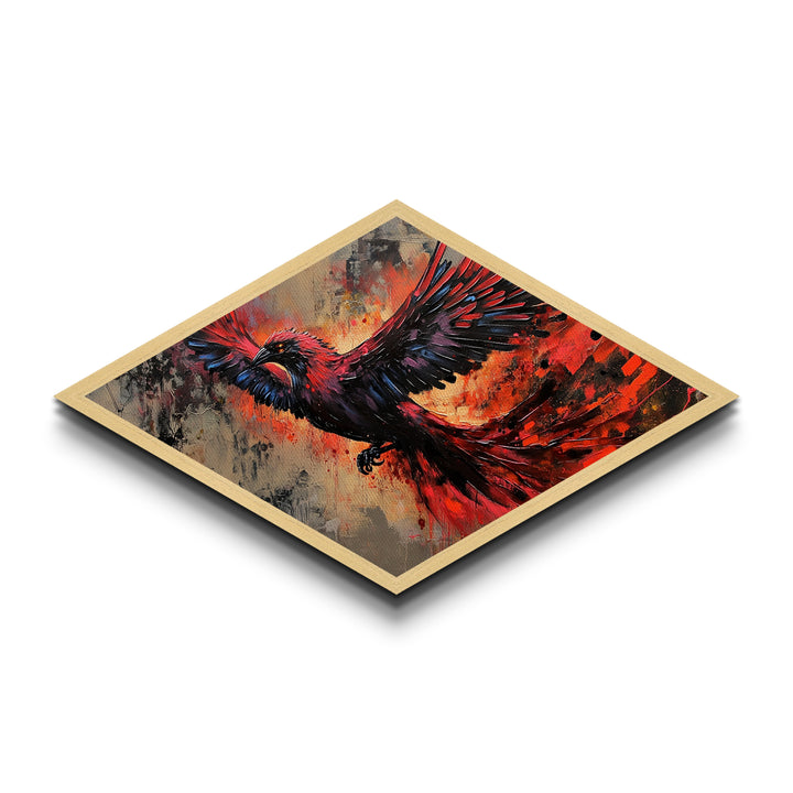 Fiery Phoenix Flight Diamond Shaped Canvas Textured Print red black bird in motion dynamic modern expressionism bold home wall statement