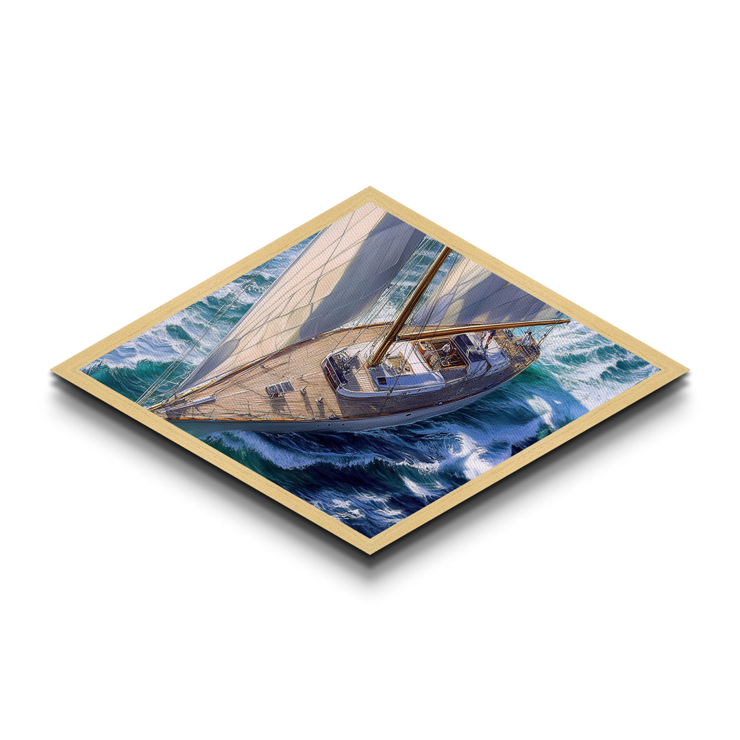 Ocean Sail Escape Diamond Shaped Canvas Textured Print majestic sailboat on waves nautical marine wall art coastal living or beach house