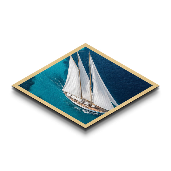Azure Horizon Yacht Diamond Shaped Canvas Art Print elegant sailing ship overhead view crisp turquoise waters nautical wall decor piece