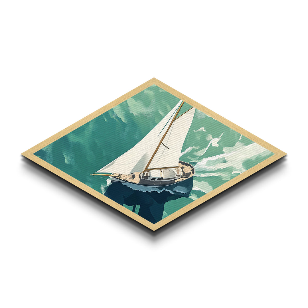 Serene Sailing Calm Diamond Shaped Canvas Textured Print illustrated boat over green sea minimalist marine design tranquil beach house vibe