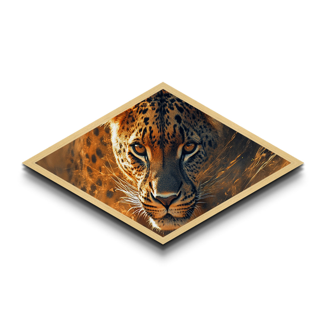 Electric Leopard Gaze Diamond Shaped Canvas Embossed Print Big Cat Wall Art Jungle Animal Decor Wildlife Accent Living Room Bold Gift