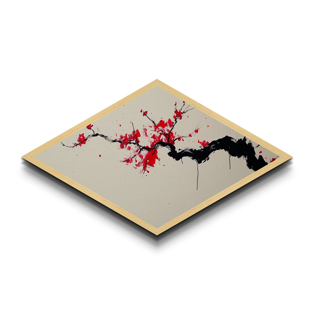 Crimson Blossom Flow Diamond Shaped Canvas Art Print Cherry Tree Japanese Ink Painting Nature Wall Decor Office or Bedroom Accent Piece