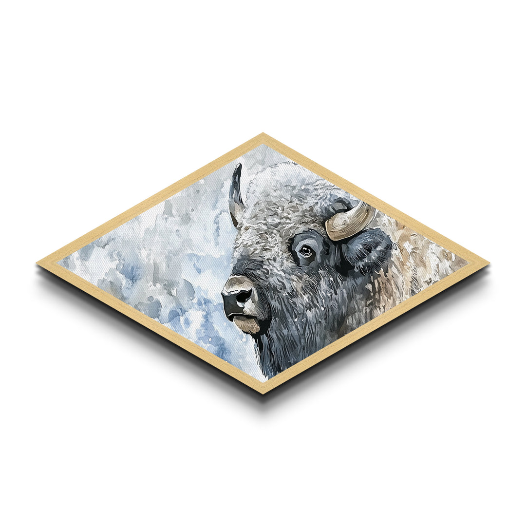Snowy Bison - Diamond Shaped Canvas Art Print Western Wildlife Wall Decor Lodge Rustic Art Winter Buffalo Cabin Nature Accent