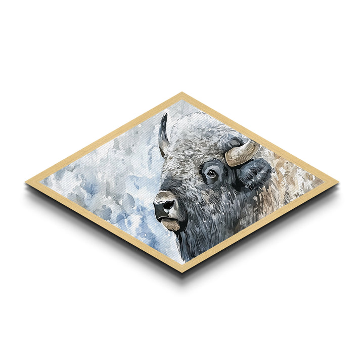 Snowy Bison - Diamond Shaped Canvas Art Print Western Wildlife Wall Decor Lodge Rustic Art Winter Buffalo Cabin Nature Accent