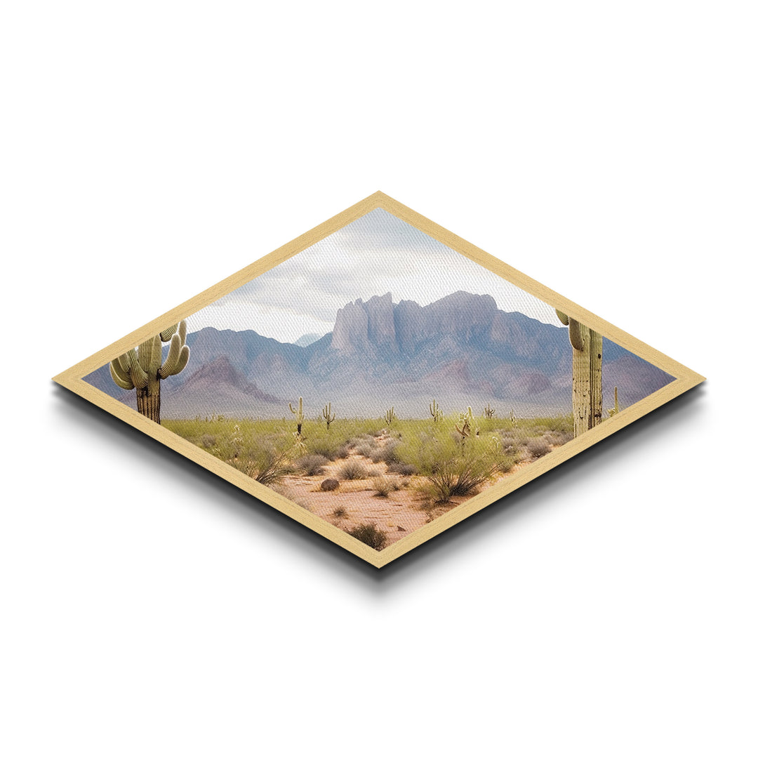 Desert Mountain Cactus View Diamond Shaped Canvas Textured Print southwestern desert landscape wall art rustic home decor gift