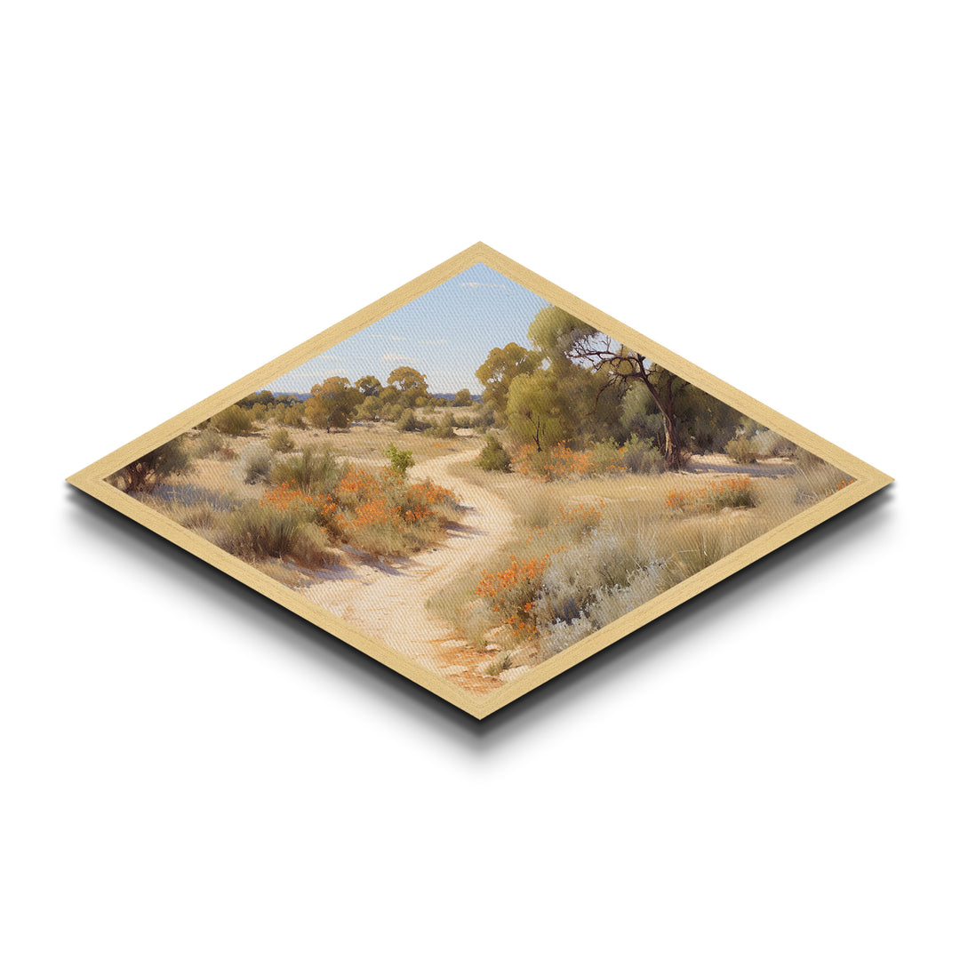 Desert Blossom Trail Diamond Shaped Canvas Embossed Print natural warm toned arid path art soft toned countryside landscape decor