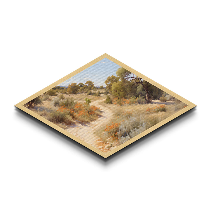 Desert Blossom Trail Diamond Shaped Canvas Embossed Print natural warm toned arid path art soft toned countryside landscape decor