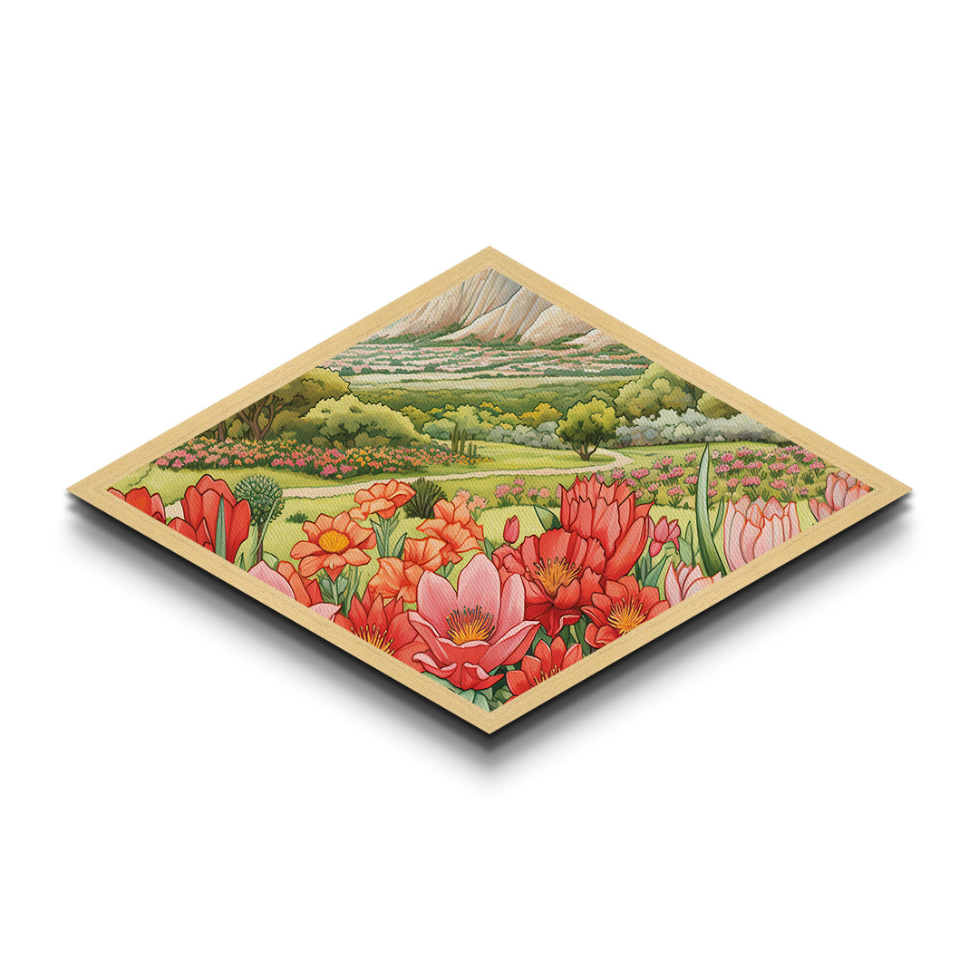 Wildflower Valley Bloom Diamond Shaped Canvas Art Print spring floral landscape pastel desert nature illustration cheerful artwork