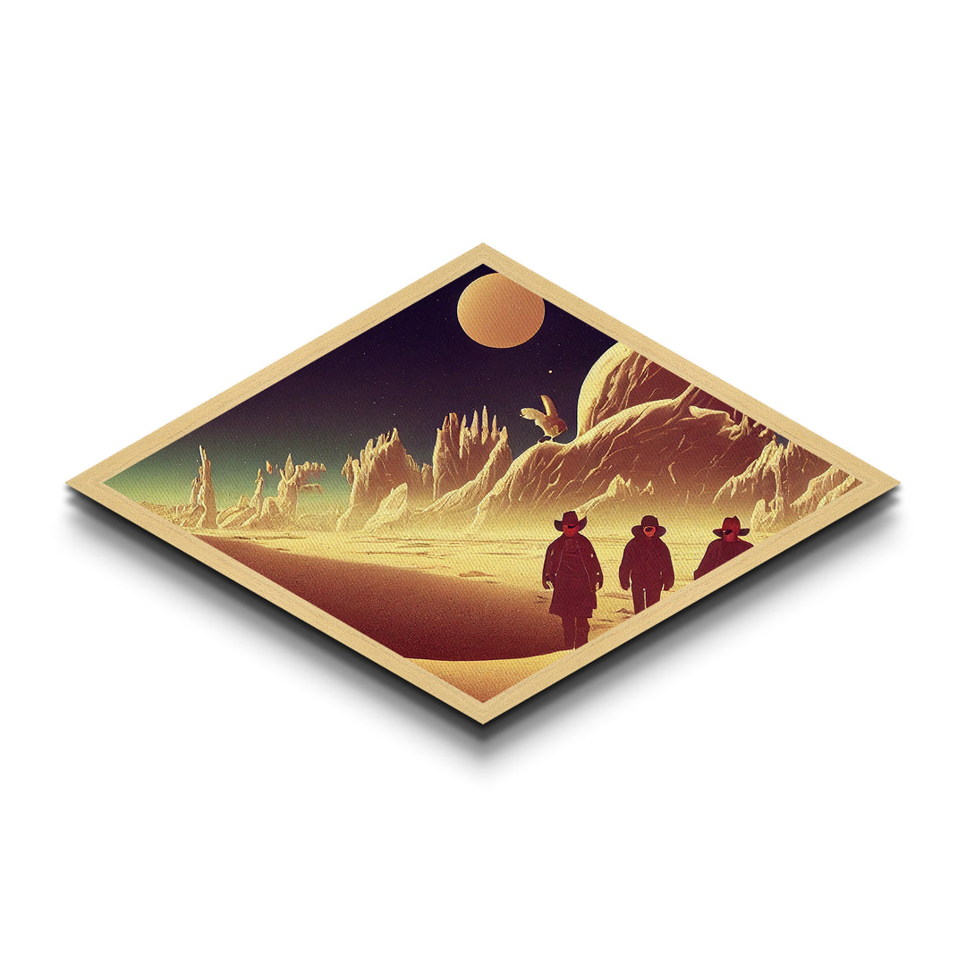 Surreal Desert Travelers Diamond Shaped Canvas Art Print sci-fi western moonscape fantasy terrain illustration cowboy outer space