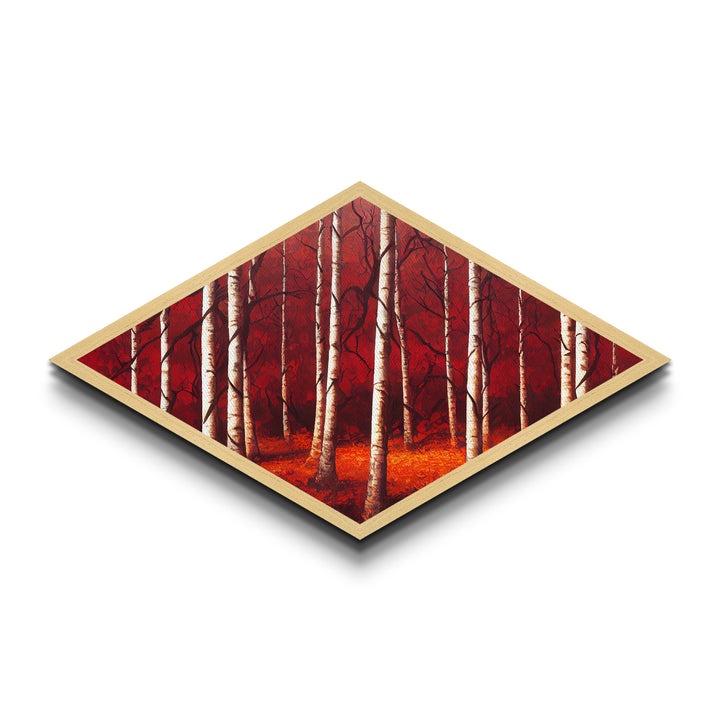 Crimson Birch Serenity Diamond Shaped Canvas Textured Print woodland red forest wall art nature painting rustic decor autumn tree scene