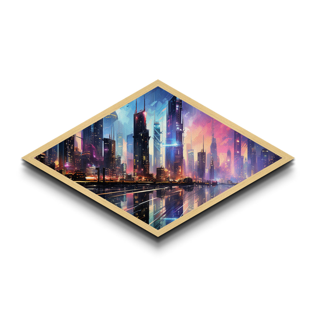 Neon Skyline Dreams Diamond Shaped Canvas Textured Print futuristic cyberpunk cityscape urban skyline glowing night downtown wall art