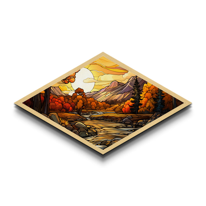 Diamond Shaped Autumn Gold Forest Canvas Textured Print Fall Leaves Landscape Misty Woodland Home Wall Decor Seasonal Nature Scene