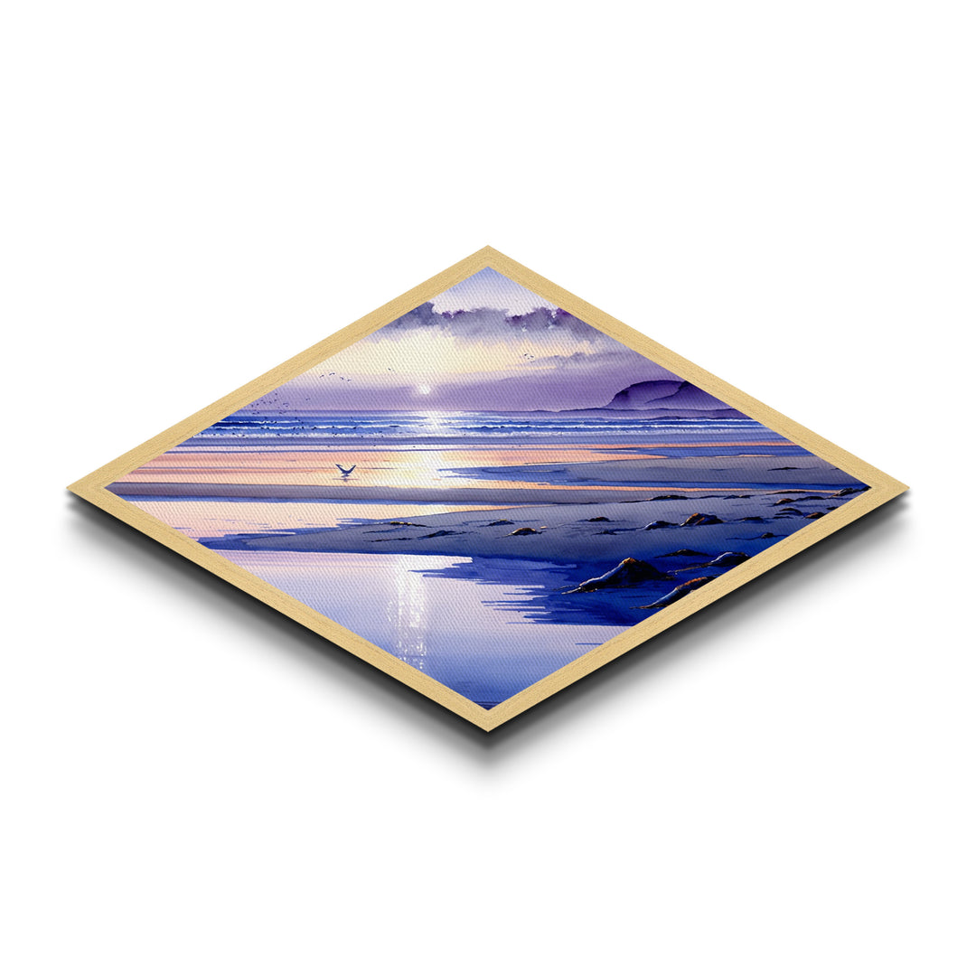 Pastel Coast Horizon – Diamond Shaped Tranquil Beach Scene, Serene Seaside Canvas Textured Print, Watercolor Ocean Wall Art