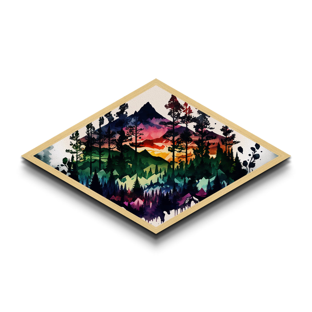 Vibrant Forest Silhouette – Diamond Shaped Mountain Sunset Canvas Textured Print, Abstract Nature Landscape Wall Art