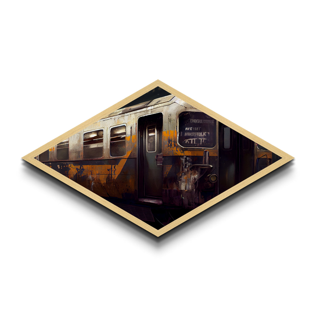 Rusted Transit Car – Diamond Shaped Urban Grunge Train Canvas Art Print, Industrial Railway Wall Decor in Retro Palette