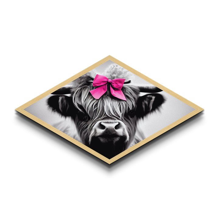 Diamond Shaped Highland Cow — Black and White Animal Portrait Canvas Textured Print, Farmhouse Decor, Pink Bow Nursery Art