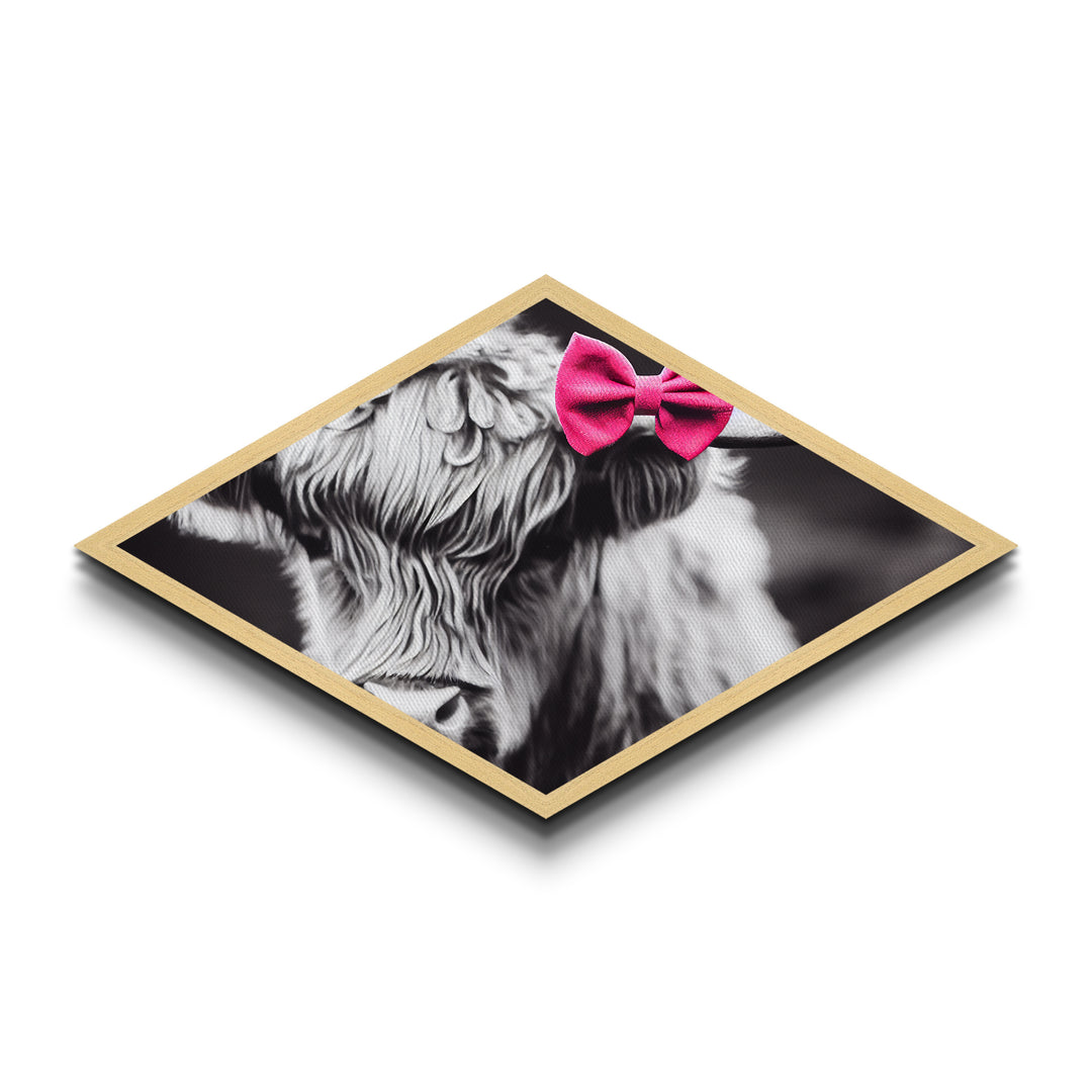Diamond Shaped Cow Detail — Cute Highland Cow Wall Art Canvas Embossed Print, Rustic Farm Animal Decor, Pink Bow Aesthetic