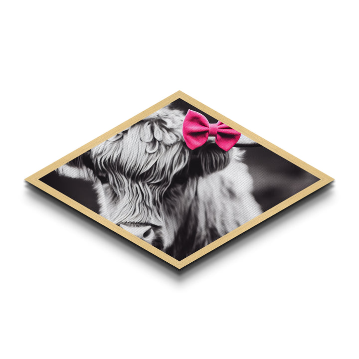 Diamond Shaped Cow Detail — Cute Highland Cow Wall Art Canvas Embossed Print, Rustic Farm Animal Decor, Pink Bow Aesthetic