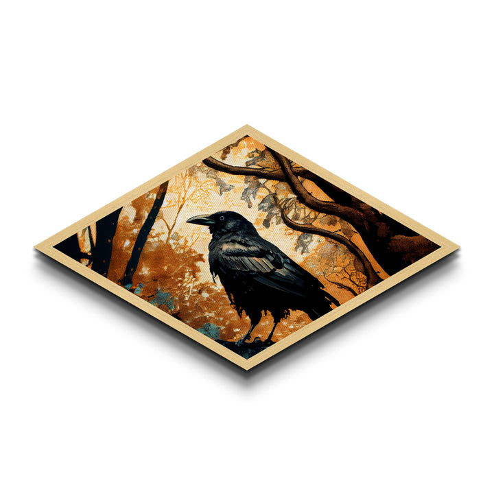 Diamond Shaped Autumn Raven — Dark Forest Bird Art Canvas Embossed Print, Gothic Nature Wall Decor, Mysterious Crow Theme
