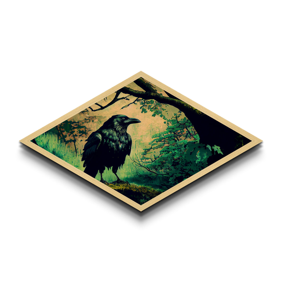 Diamond Shaped Forest Crow — Enchanted Woodland Raven Canvas Art Print, Mystical Bird Decor, Moody Nature Wall Hanging