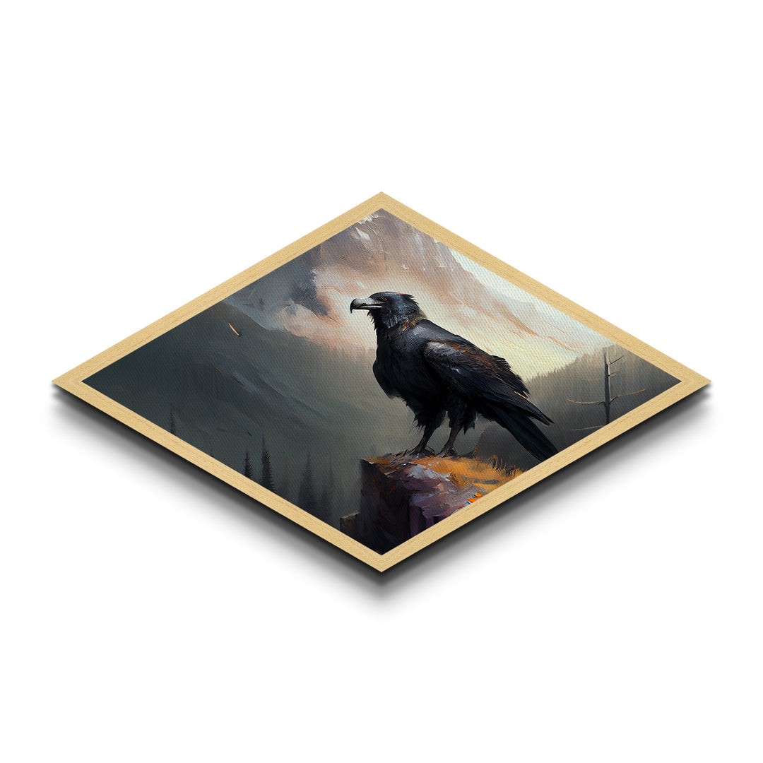 Diamond Shaped Mountain Raven — Dramatic Wilderness Bird Canvas Textured Print, Misty Cliff Landscape Wall Decor, Crow Art