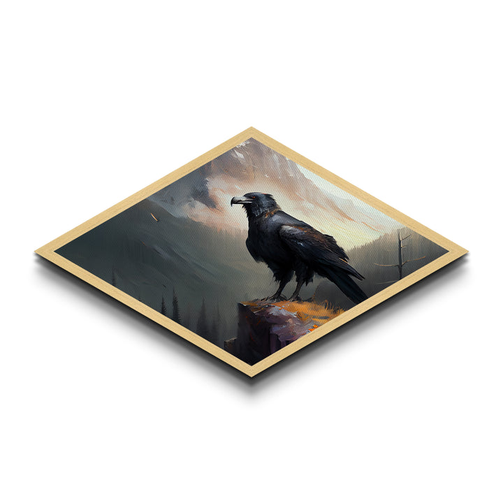 Diamond Shaped Mountain Raven — Dramatic Wilderness Bird Canvas Textured Print, Misty Cliff Landscape Wall Decor, Crow Art