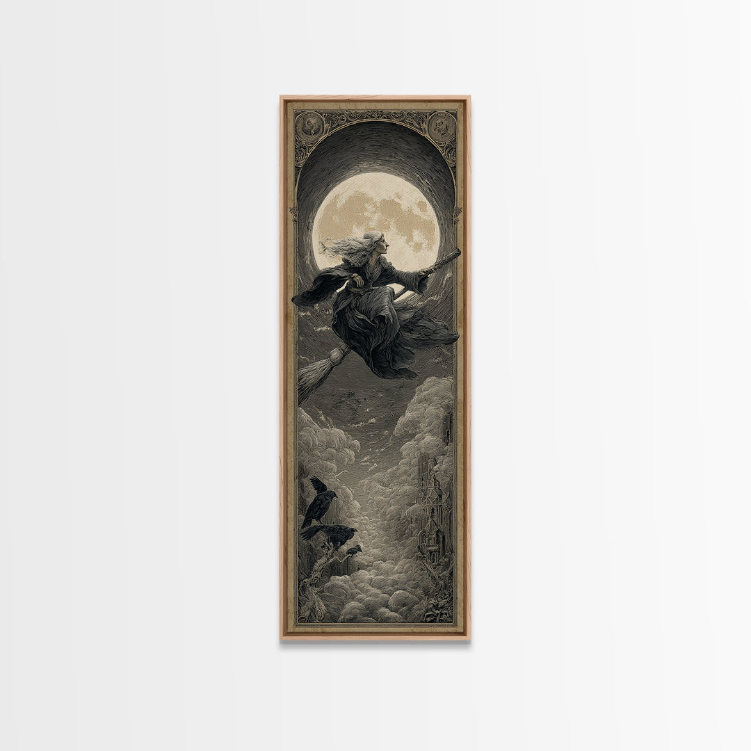 The Moonlit Witch, Gothic Engraving Art, Tall Narrow Wall Art, Dark Halloween Decor, Canvas Print, Halloween Wall Art