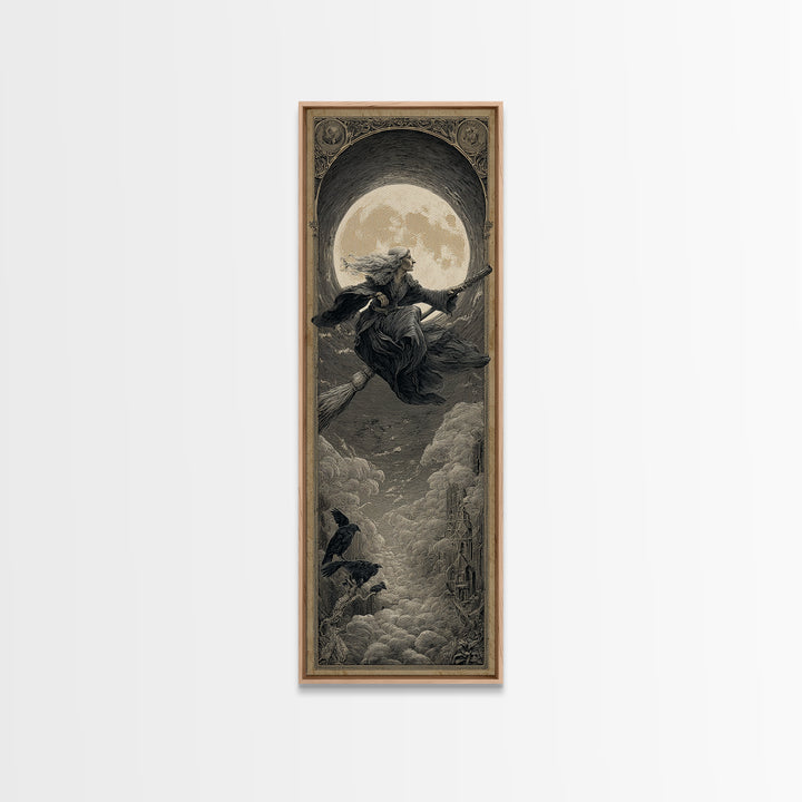 The Moonlit Witch, Gothic Engraving Art, Tall Narrow Wall Art, Dark Halloween Decor, Canvas Print, Halloween Wall Art