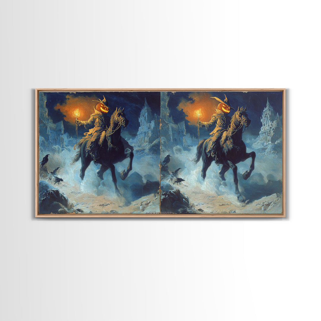 The Headless Horseman, Apocalyptic Romantic Art, Wide Panoramic Art, Gothic Horror Wall Art, Framed Canvas Print, Halloween Wall Art