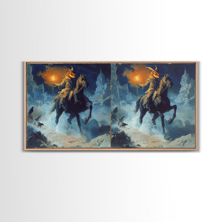 The Headless Horseman, Apocalyptic Romantic Art, Wide Panoramic Art, Gothic Horror Wall Art, Framed Canvas Print, Halloween Wall Art