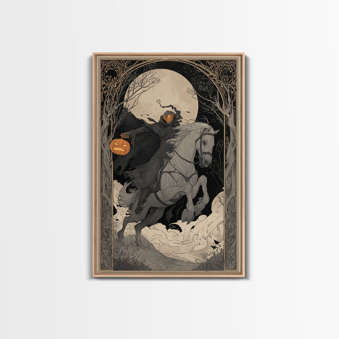 The Headless Horseman, Decadent Line Art, Vertical Wall Art, Gothic Horror Wall Art, Framed Canvas Print, Halloween Wall Art